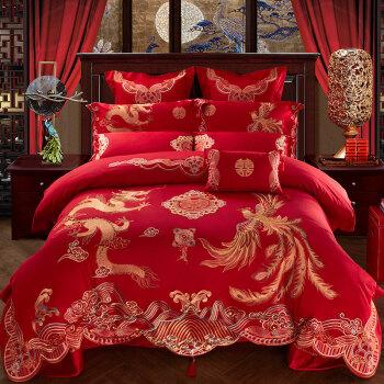 图婚庆四件套18米刺绣大红色结婚六十多件套床上用品qp金龙金凤20m床
